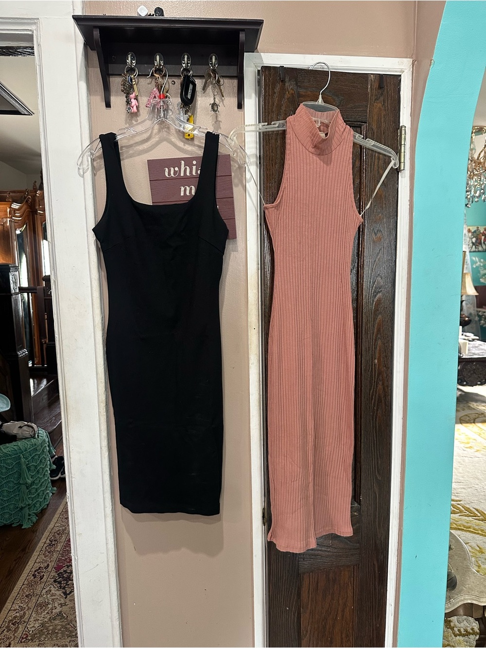 Fashion Nova Black Sleeveless Dress and CY Mauve Ribbed High-Neck Dress